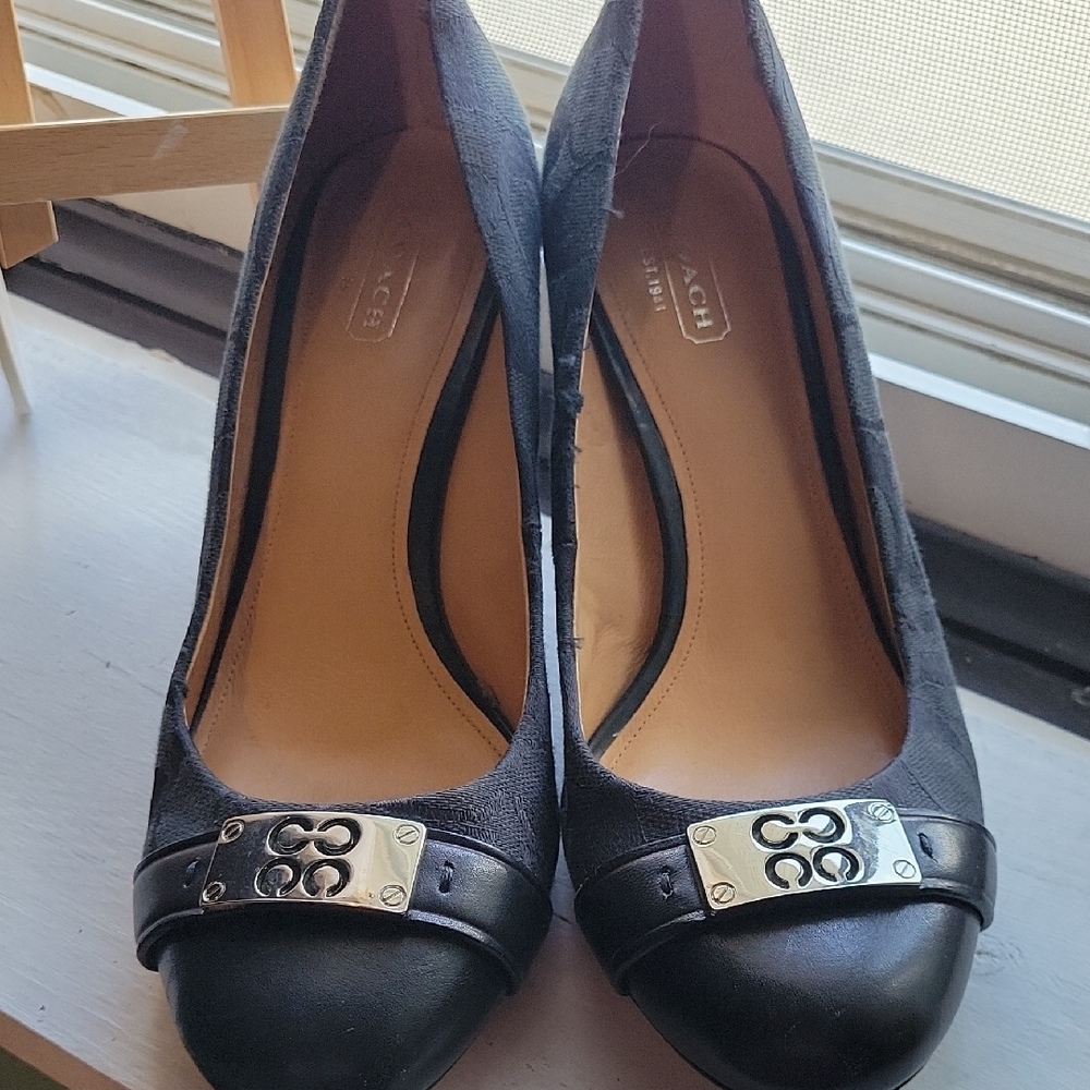 Coach Black Leather Heels with Silver Accent